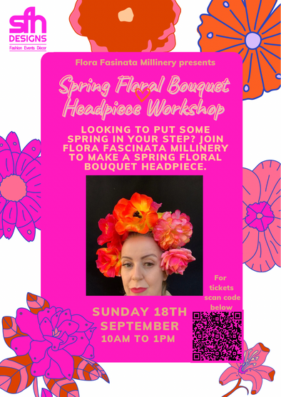 Pink and Orange Flowers on Flora Fascinata's head. Join us for a Spring Floral Bouquet Headpiece workshop on Sunday 18th September, 10am to 1pm at SFH Designs Boutique (26B Merthyr Rd, New Farm).
