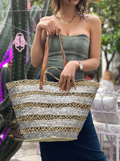 Silver Sequinned Straw Handmade Basket