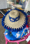 Artisan Straw Hat with Colourful Blue Fringe and Embroidery