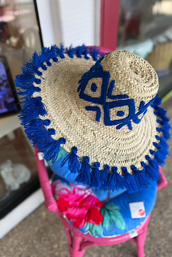 Artisan Straw Hat with Colourful Blue Fringe and Embroidery