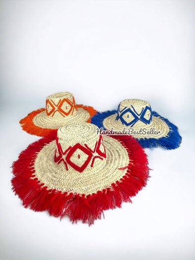 Artisan Straw Hat with Colourful Red Fringe and Embroidery