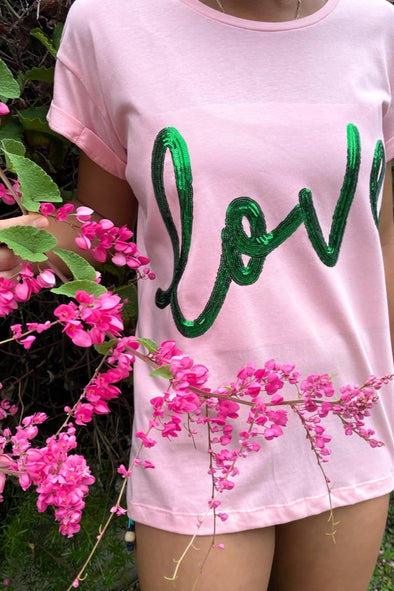 The Love Tee Pink with Green Sequins - Renee Loves Frances