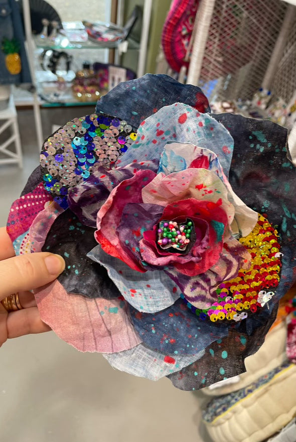 Hand dye  / painted on patterned fabric purple & blue tones (C) on Flower Corsage by Flora Fascinata Millinery