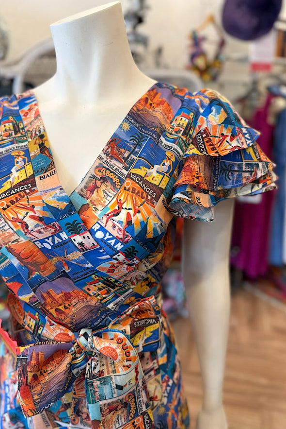 French Riviera Wrap Dress with Triple Frill Sleeve - Custom Design by SFH