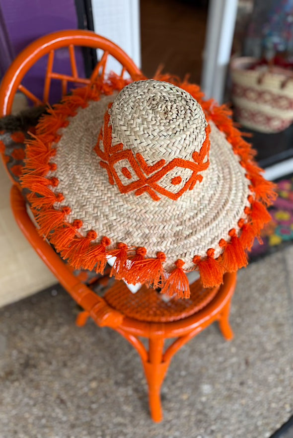 Artisan Straw Hat with Colourful Orange Fringe and Embroidery