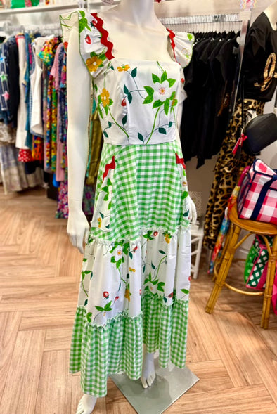 Strawberry Florals & Green Gingham Dorothy Short Dress - Custom design by SFH