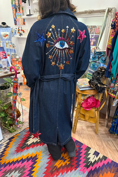 One of a Kind Embellished Long Denim Coat
