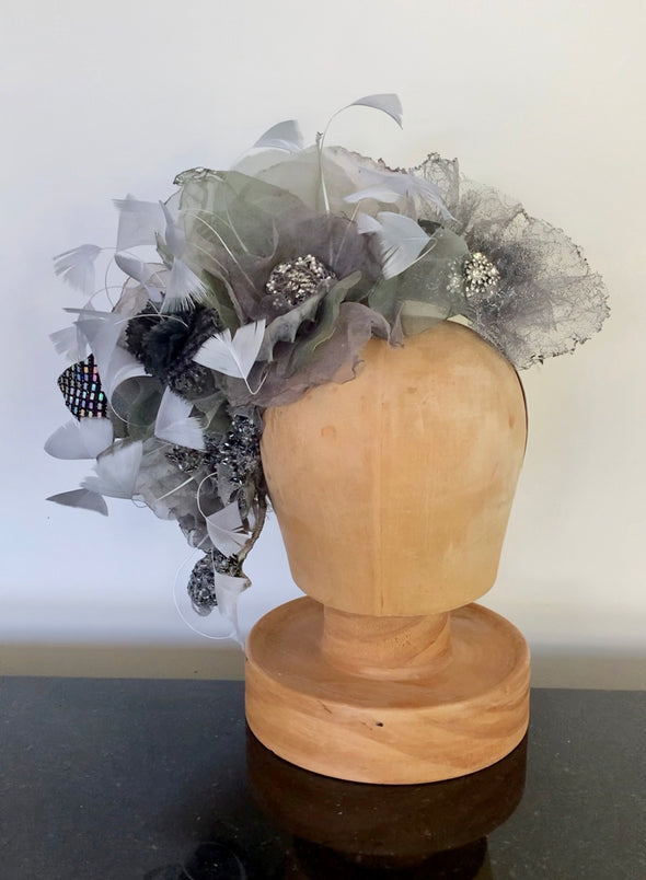 Silver Feathers & Sequinned Blooms Headband by Flora Fascinata #