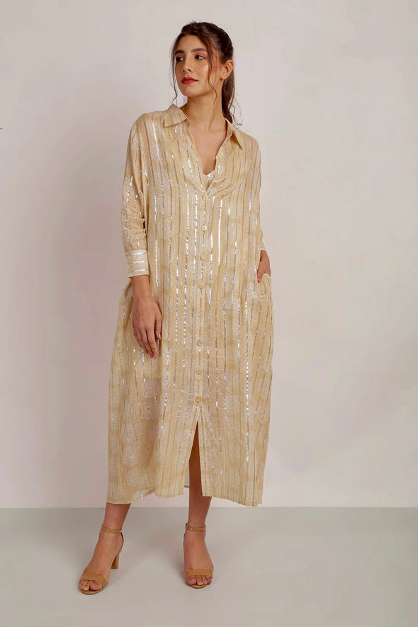 Sun Lurex Shirt Dress with Sash Belt - Anannasa
