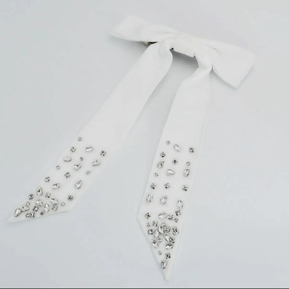 Bejewelled Diamond Velvet White Bow