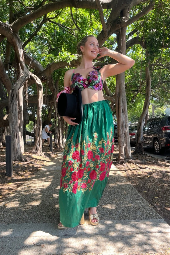 ‘Roses are Red’ Emerald Silk Skirt