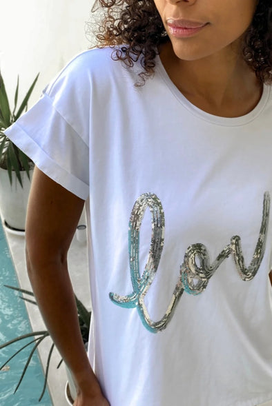 The Love Tee White & Silver Sequins - Renee Loves Frances