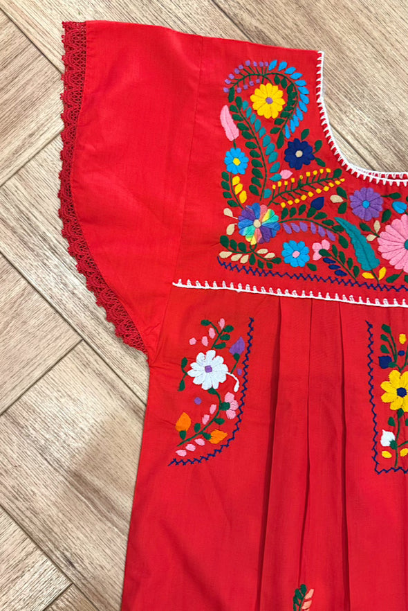Mexican Bohemian Long Dress - Red with Crochet Lace
