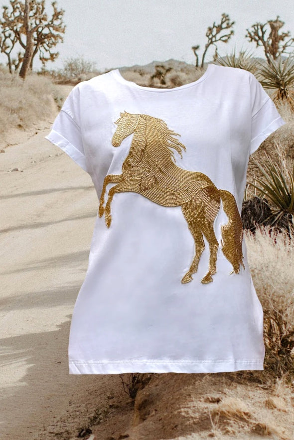 Hold your Horses Tee in White and Gold Beads - Renee Loves Frances
