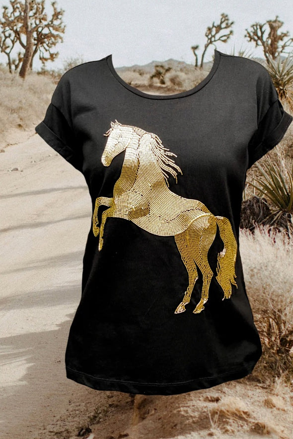 Hold your Horses Tee in Black and Gold Beads - Renee Loves Frances