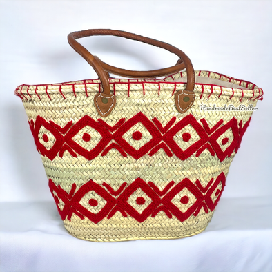 Straw Beach Bag / Market Basket with Leather Handles