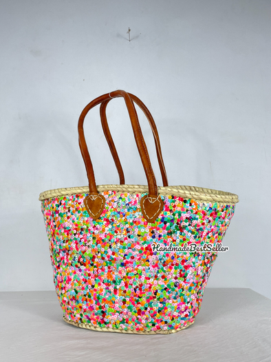 Multicoloured Straw Sequins Bag - French Market Basket