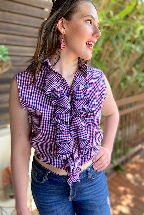 Red Checked Up-cycled Ruffle Shirt - SFH Designs Original