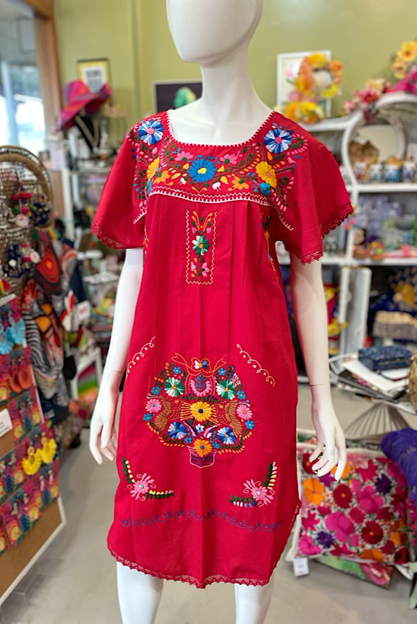 Mexican Bohemian Long Dress Red with Crochet Lace SFH Designs