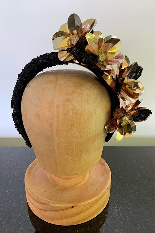 Gold Sequin Flowers on Black Lace Headband by Flora Fascinata #182