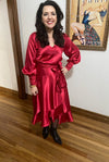 Lara Wrap Dress with Long sleeves and Buttoned Cuff in Ruby Red - Custom Design by SFH