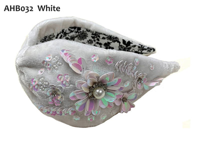 White Velvet Headband with White Floral Sequins- Anannasa