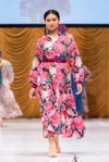 Pussy Bow Dress in Big Roses with Hot Pink Sequins