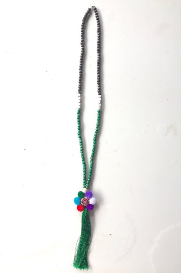 Pom Flower Necklace with Dark Green Tassel