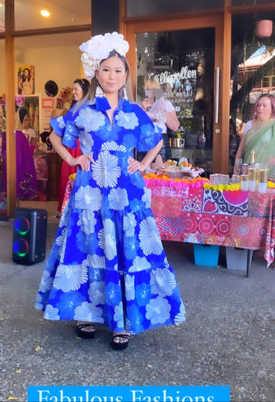 Christina Dress in Ankara - White Floral on Blue