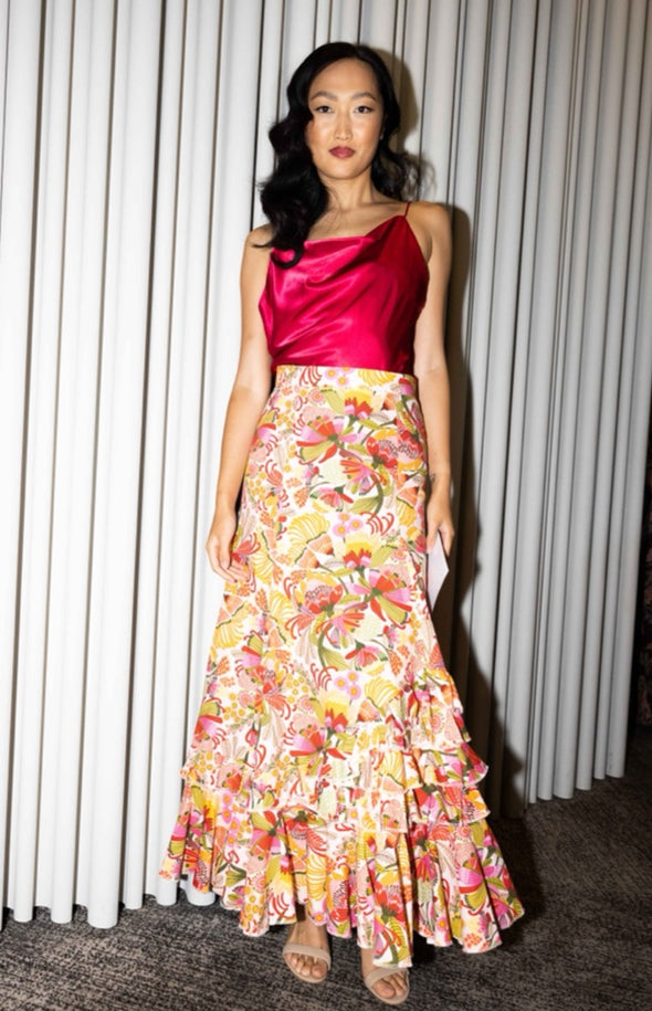 Spanish Flamenco Fiesta Skirt in Pink & Red Flora