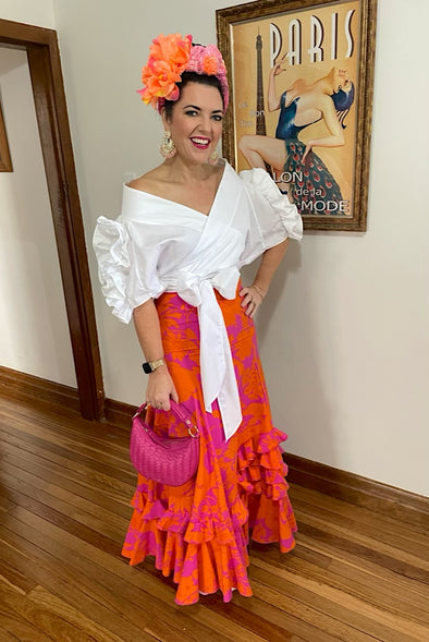 Spanish Flamenco Fiesta Skirt in Pink & Orange Flora