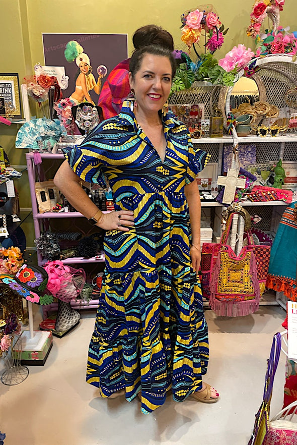 Christina Dress in Ankara Blue & Gold - SFH Designs