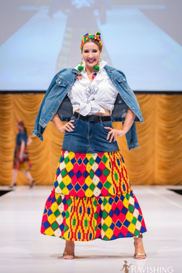 Diamonds Ankara Ruffles Skirt with Vintage Denim - SFH Designs Original